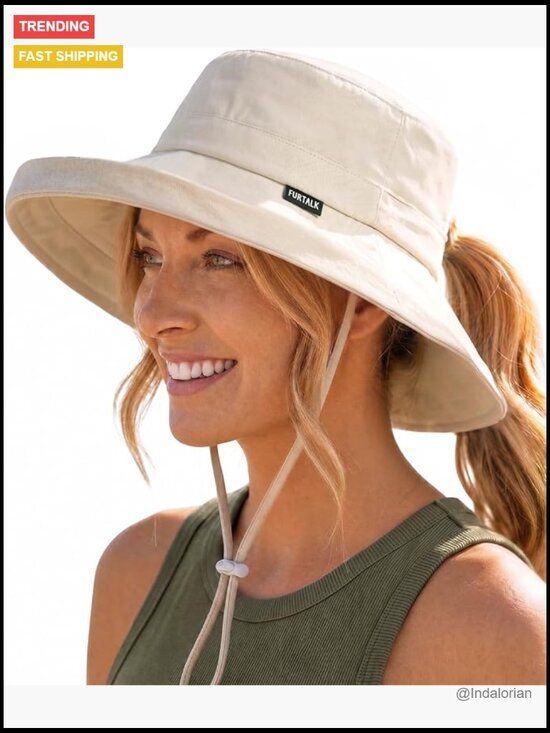 FURTALK Sun Hats for Women Wide Brim Beach Hat Straw Visor  Wide Brim Ponytail Sun Hat UPF 80+ Cotton Foldable Beach Hat